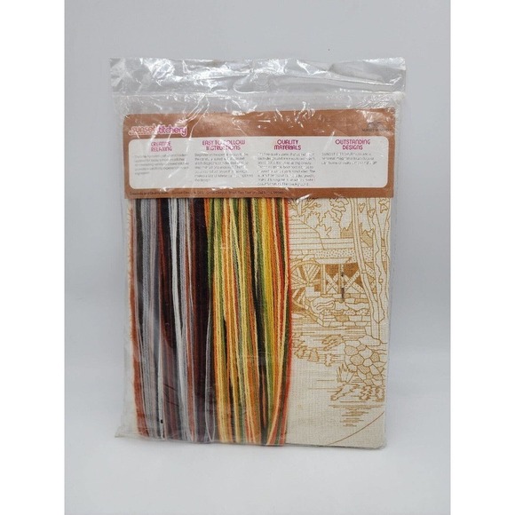 Fall Mill Pond Watermill Sunset Stitchery 20 X 20 Wool Kit 1978 Factory Sealed - Picture 2 of 7